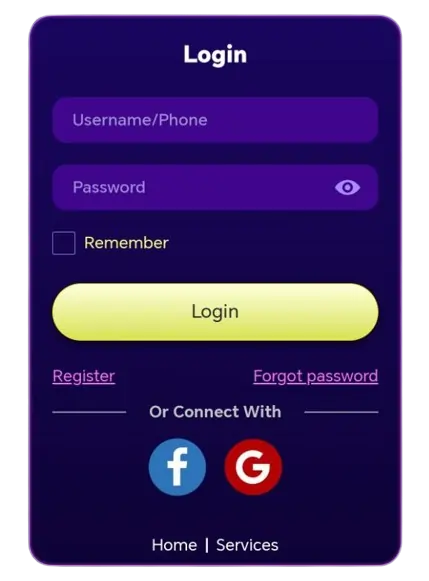 Screenshot of the app login page displaying the login form fields.