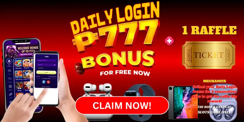 A screen shot of person loggin in with daily login bonus. Claim 777 bonus + 1 raffle ticket
